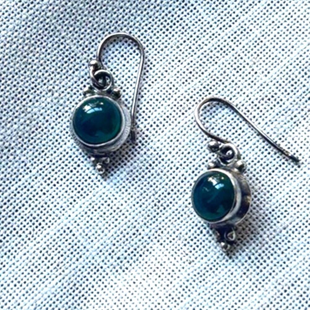 Sterling Silver Green Onyx Drop Earrings Cabochon 925 - Picture 4 of 11